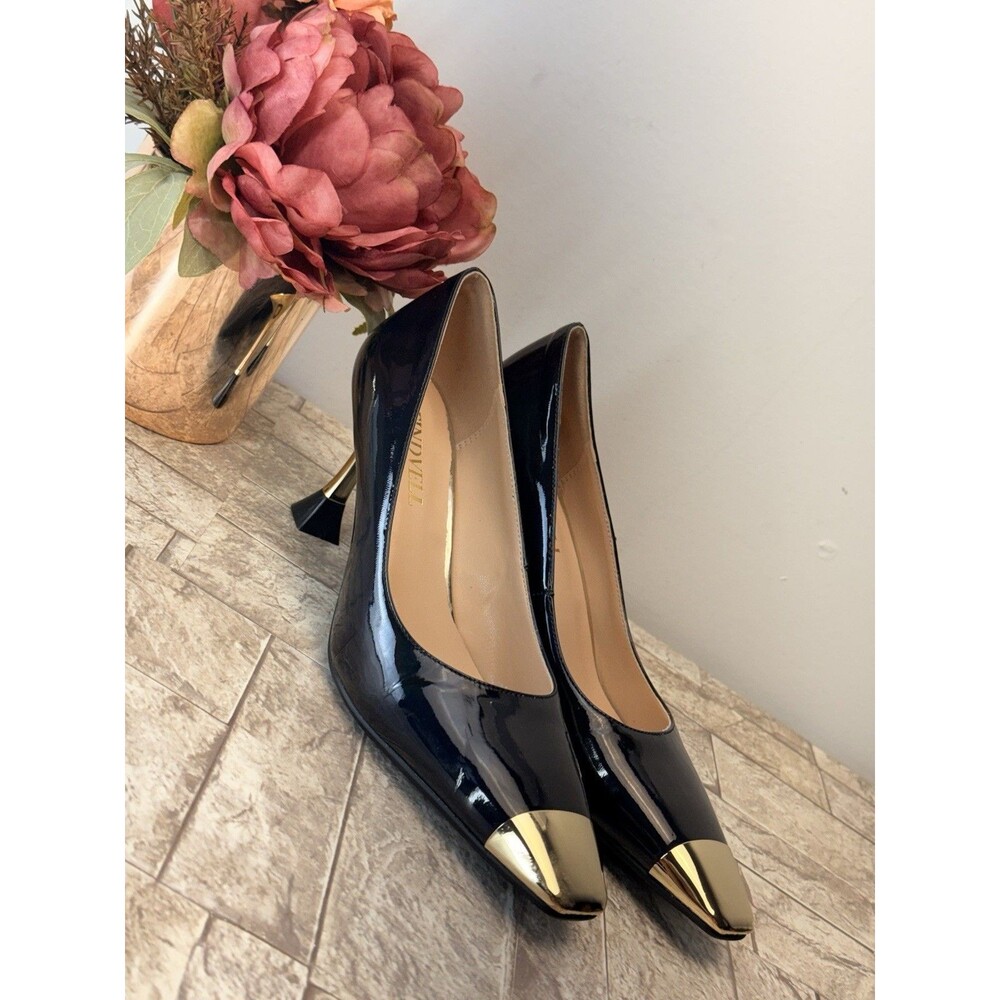 Findvell Heels Womens Size 7 Blue Gold Stiletto Kitten Heel Square Toes - Picture 2 of 13